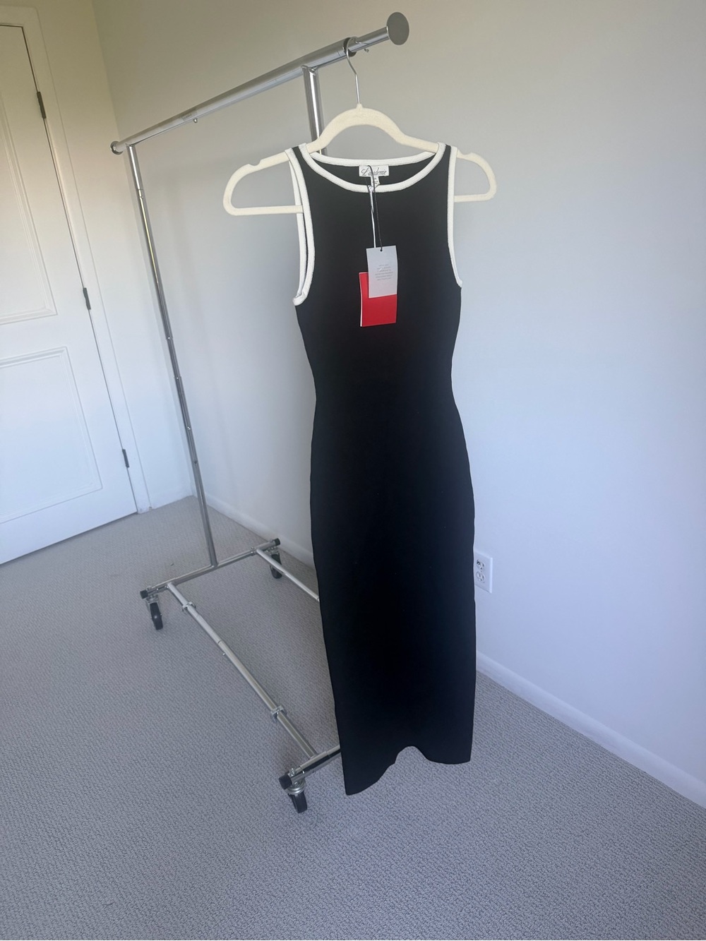 NWT L'Academie Black Midi Dress with White Trim